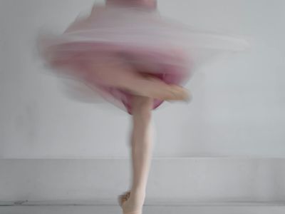 Dynamic motion blur of a person transitioning between poses.